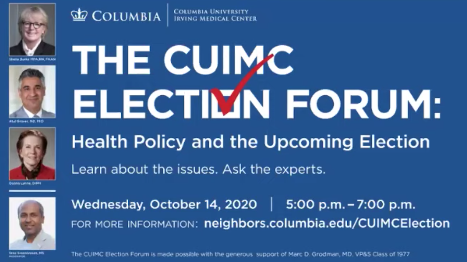 An image saying "The CUIMC ELECTION FORUM" with four headshots the left of the image